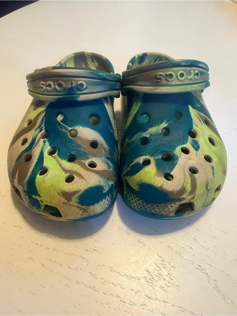 Kids Crocs Slip-On Clogs in Blue & Green swirl pattern